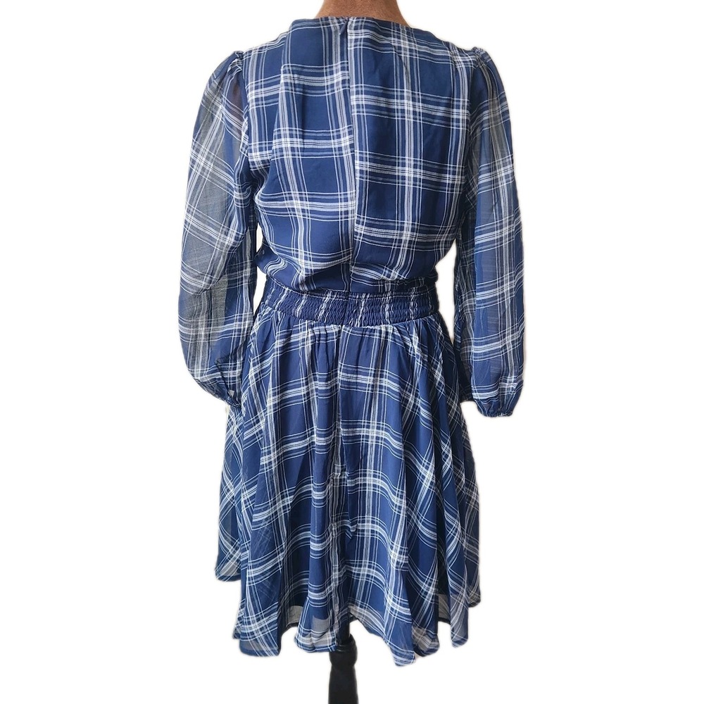 Lulu's Dress Size S Navy Blue White Plaid Chiffon 3/4 Sleeve Skate Mini - Picture 4 of 8